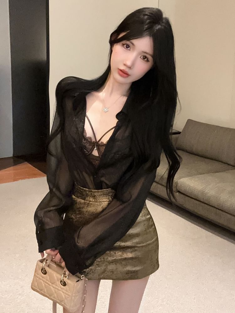 Set: Lace Bralette, Mesh Button-Up Shirt, and Mini Pencil Skirt