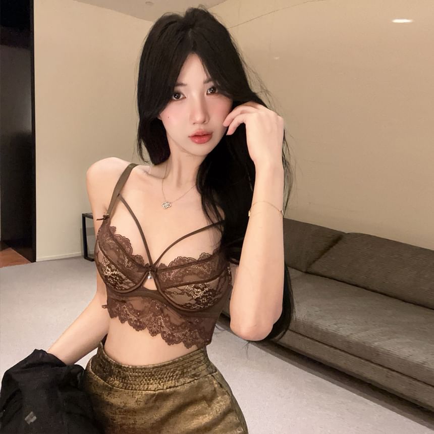 Set: Lace Bralette, Mesh Button-Up Shirt, and Mini Pencil Skirt