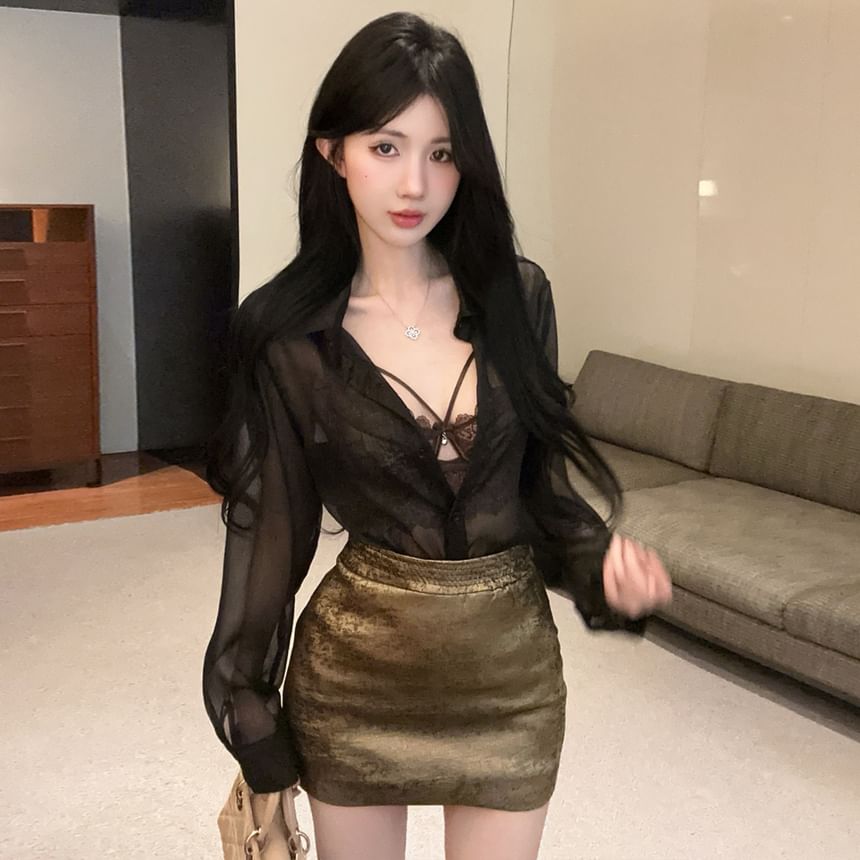 Set: Lace Bralette, Mesh Button-Up Shirt, and Mini Pencil Skirt