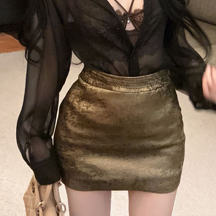 Set: Lace Bralette, Mesh Button-Up Shirt, and Mini Pencil Skirt