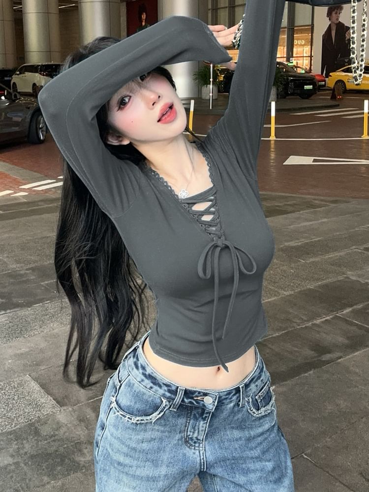 Slim-Fit Lace-Up V-Neck Long Sleeve Crop Shirt