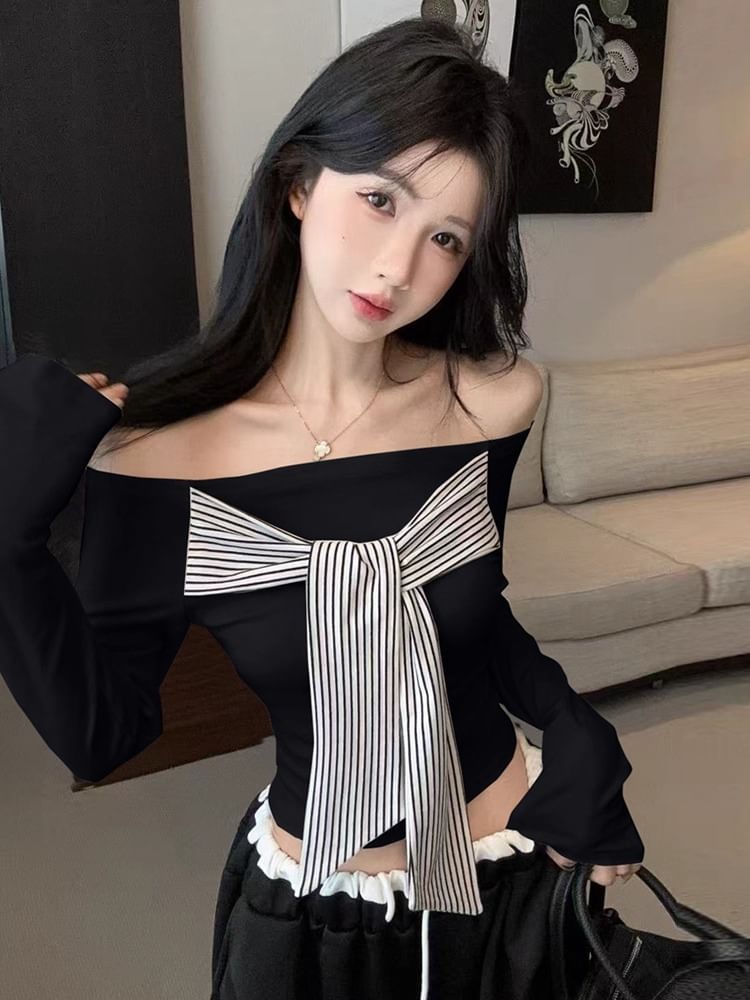 Off-Shoulder Crop Top with Striped Panels and Front Tie