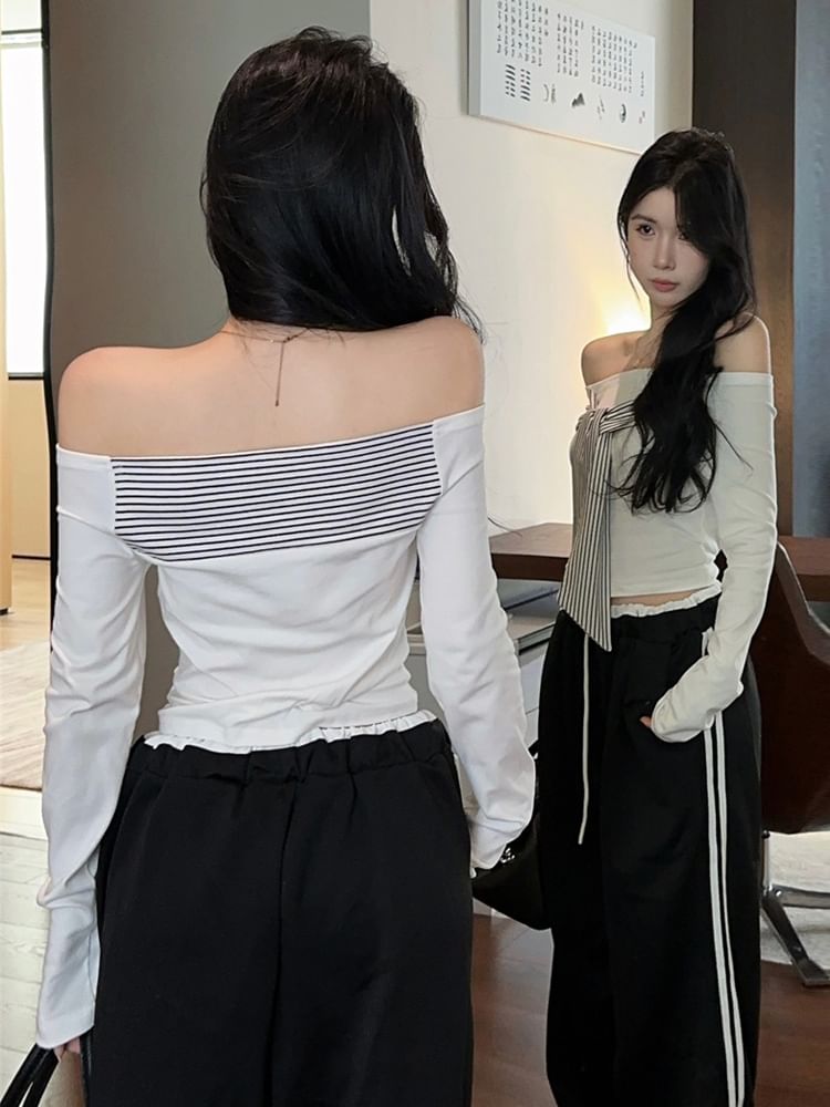 Off-Shoulder Crop Top with Striped Panels and Front Tie