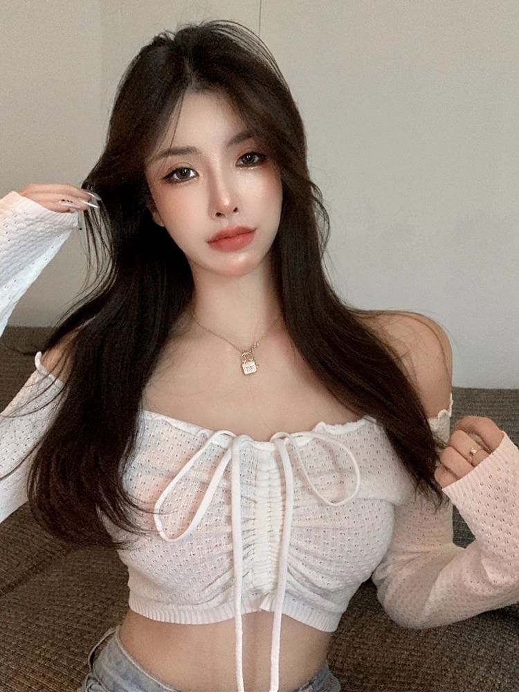 Off-Shoulder Drawstring Knit Crop Top Long Sleeve