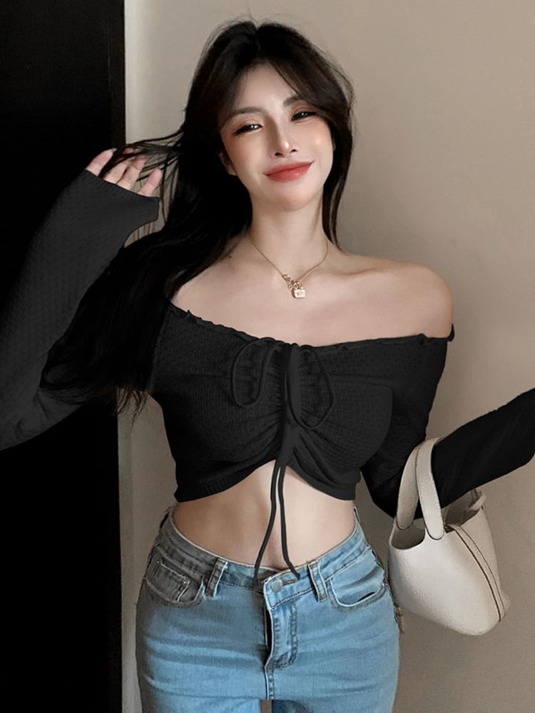 Off-Shoulder Drawstring Knit Crop Top Long Sleeve
