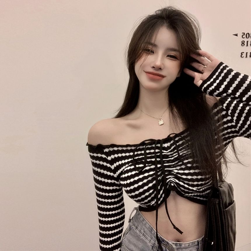 Off-Shoulder Drawstring Knit Crop Top Long Sleeve