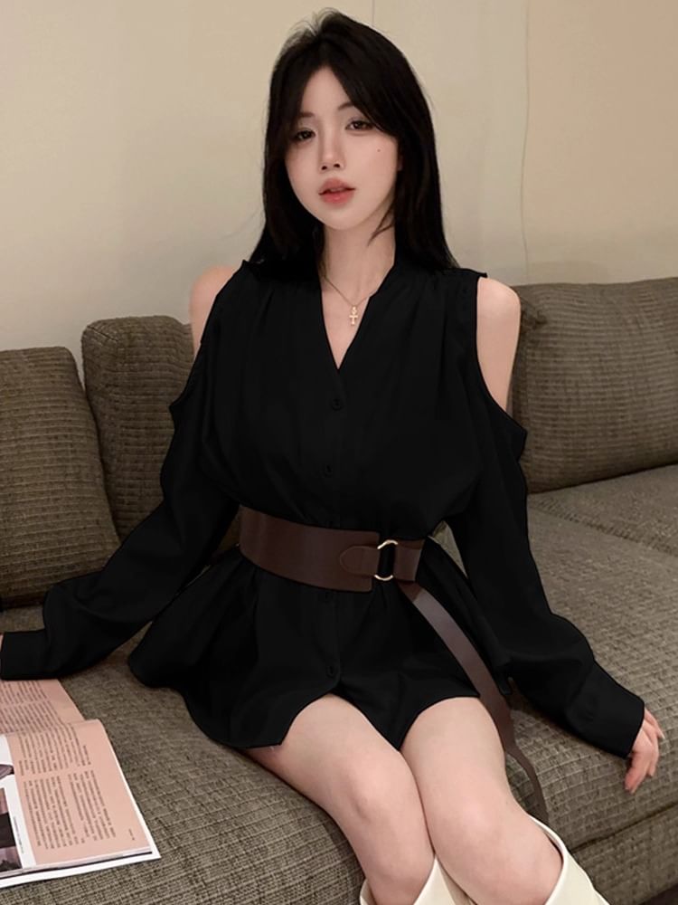 Cold Shoulder V-Neck Button Blouse Set with Belt
