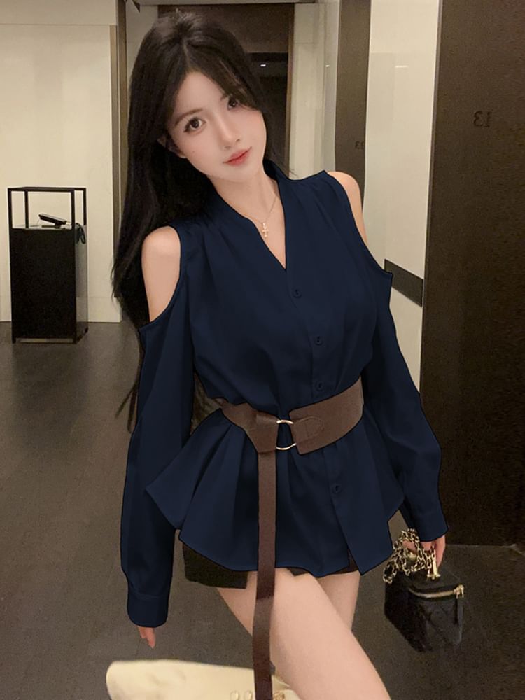 Cold Shoulder V-Neck Button Blouse Set with Belt