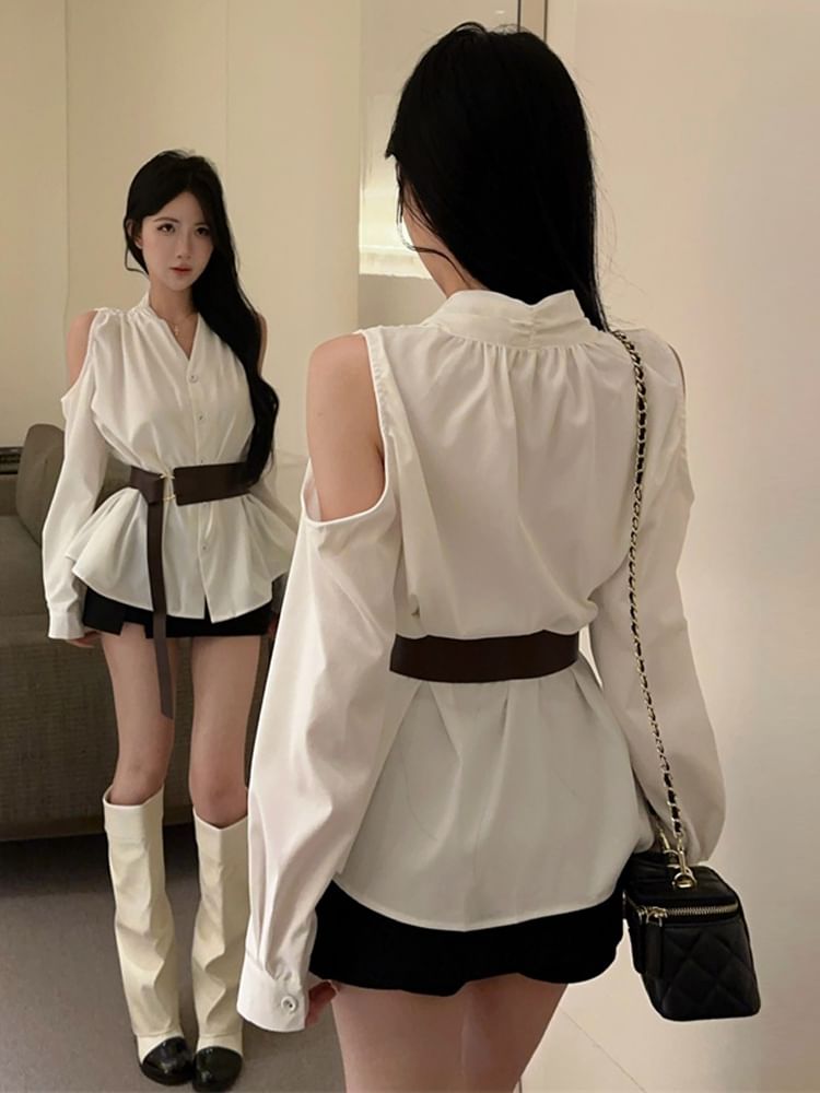 Cold Shoulder V-Neck Button Blouse Set with Belt