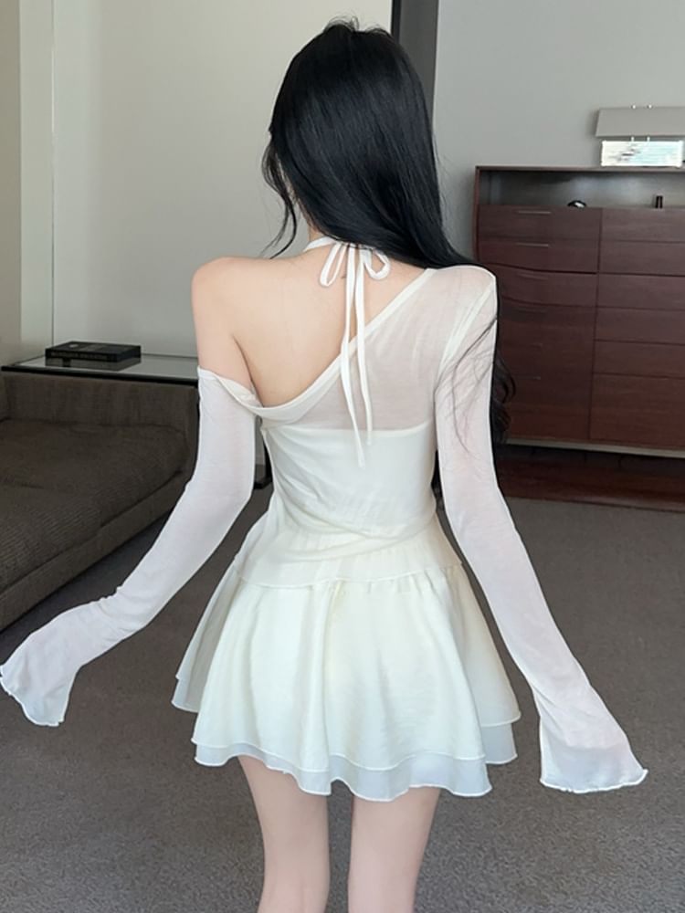 Halter Crop Top and Off-Shoulder Mesh Top with Skirt Set