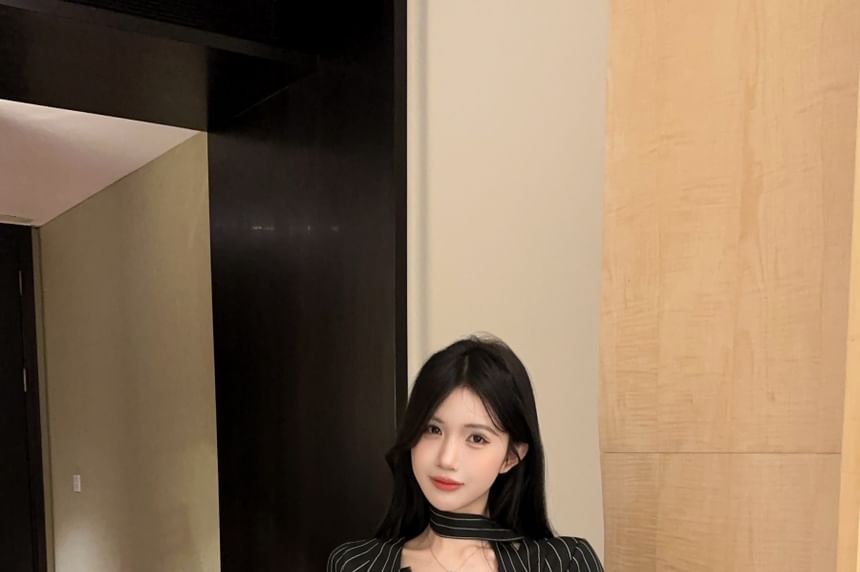 Striped V-Neck Lace Trim Crop Blouse Set with Scarf and Belt