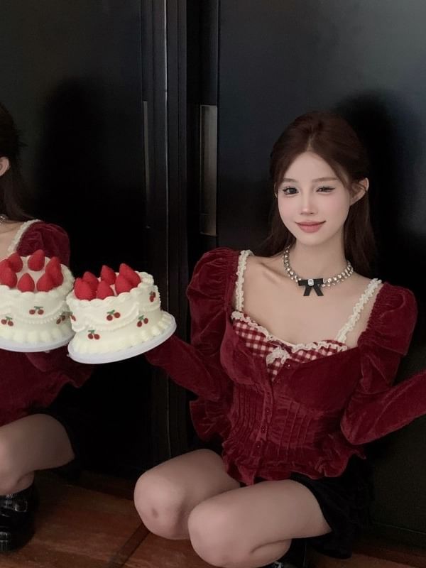Set: Gingham Lace Camisole and Square Neck Velvet Blouse with Frill Trim