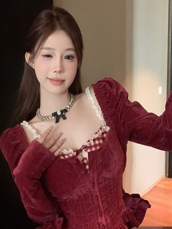 Set: Gingham Lace Camisole and Square Neck Velvet Blouse with Frill Trim