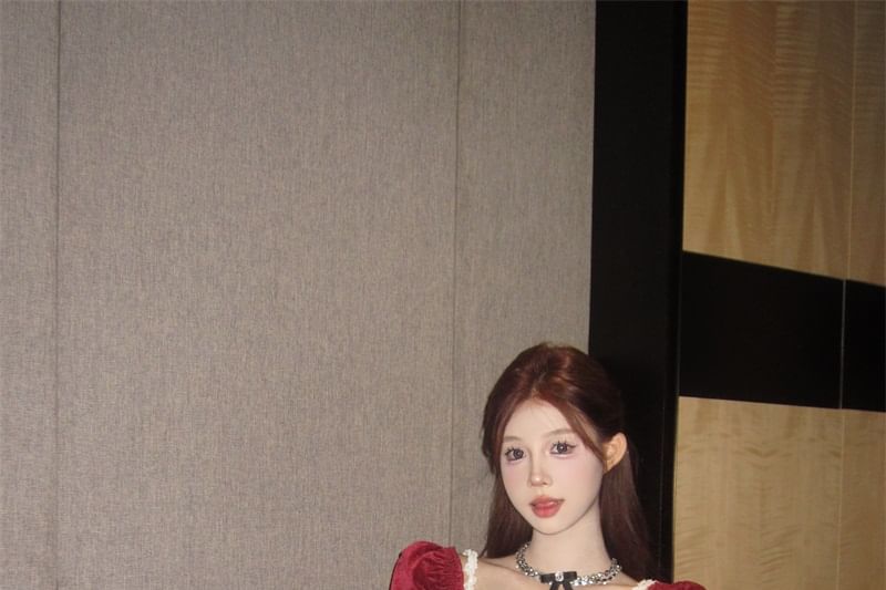 Set: Gingham Lace Camisole and Square Neck Velvet Blouse with Frill Trim