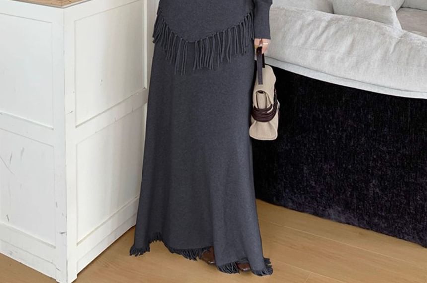 Set: Fringed Hem Sweater with Mock Neck and Maxi A-Line Skirt