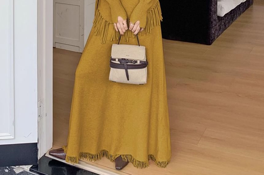 Set: Fringed Hem Sweater with Mock Neck and Maxi A-Line Skirt