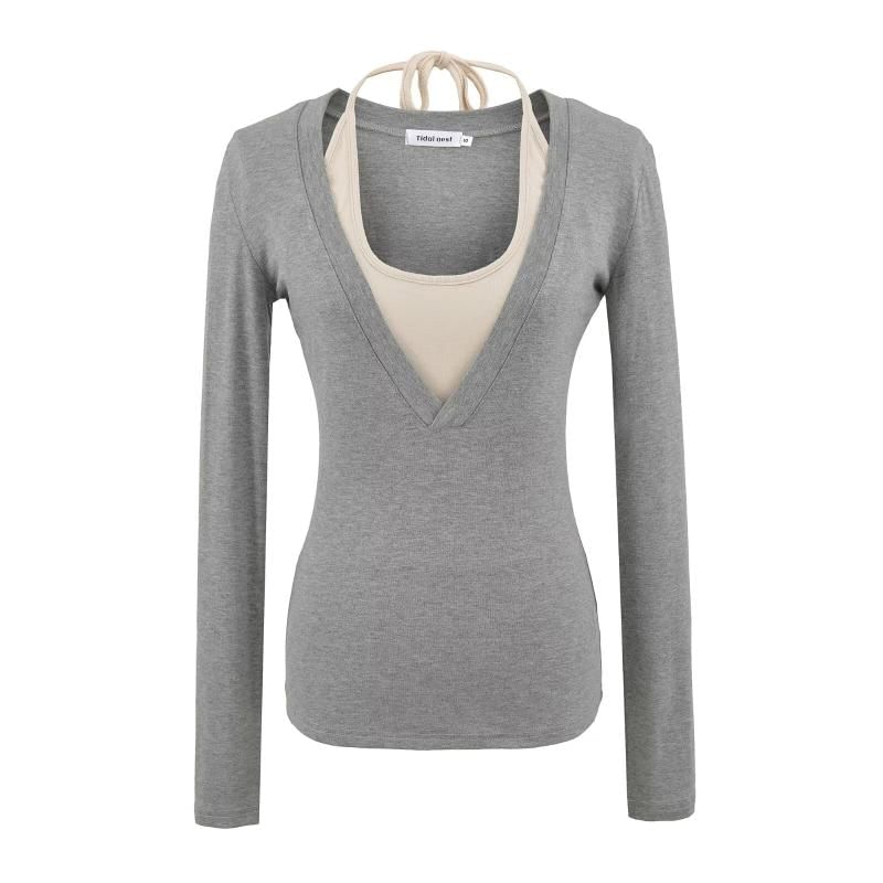 Halter Neck Two-Tone Top with Long Sleeves and Faux Two-Piece Look