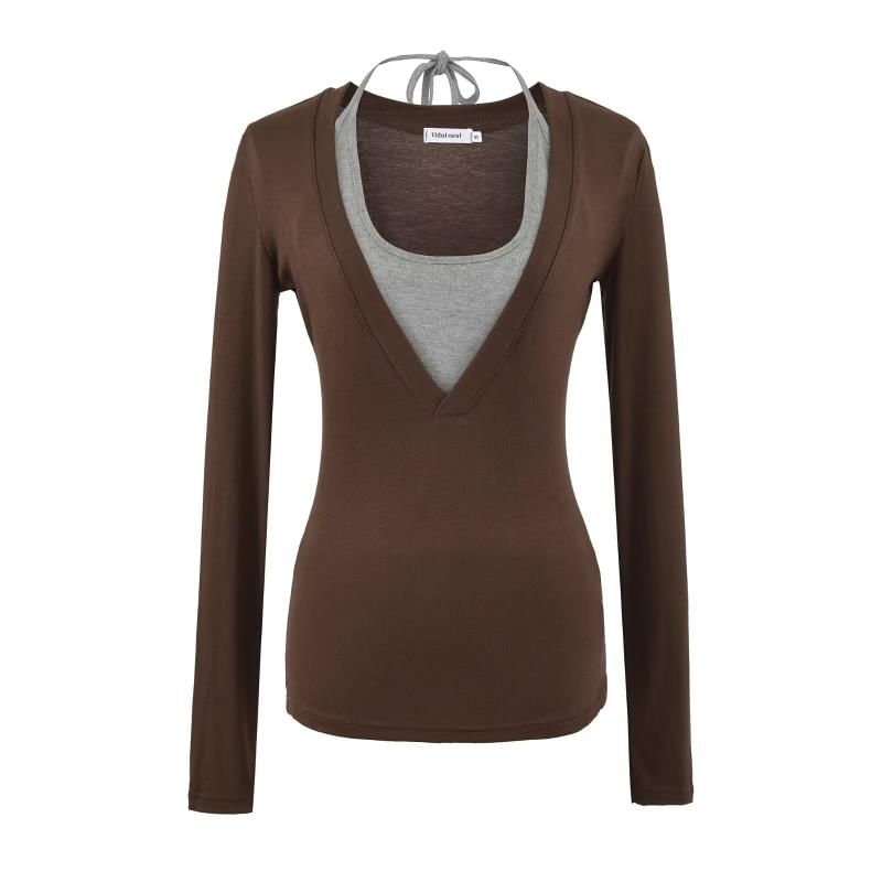 Halter Neck Two-Tone Top with Long Sleeves and Faux Two-Piece Look