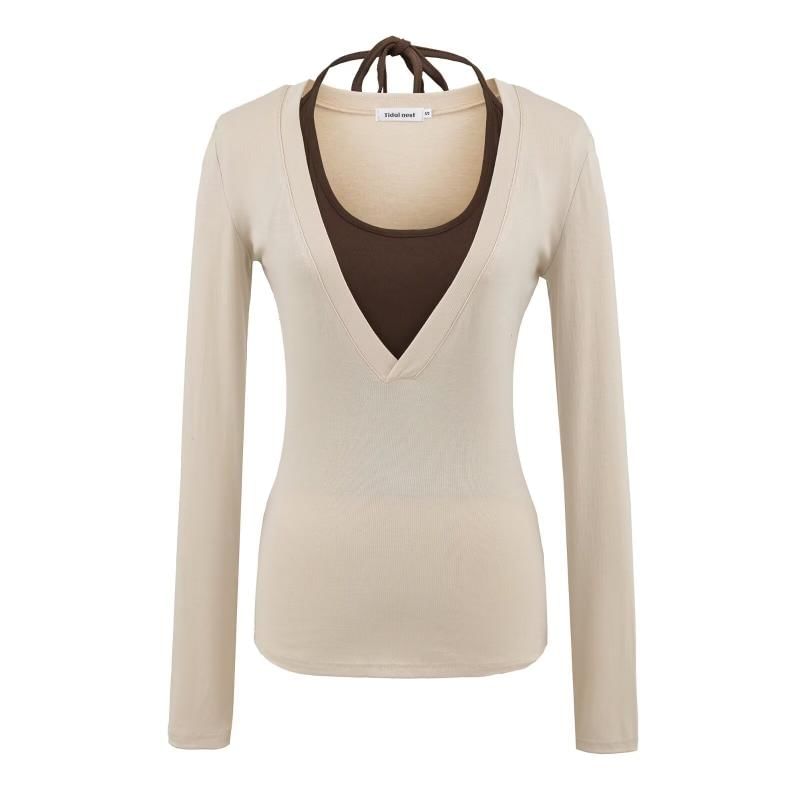 Halter Neck Two-Tone Top with Long Sleeves and Faux Two-Piece Look