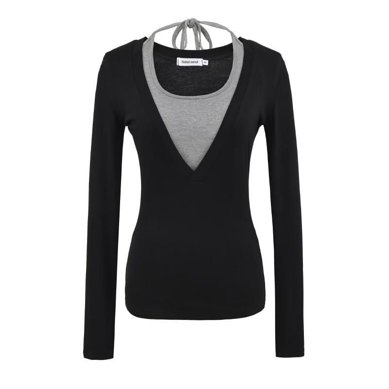 Halter Neck Two-Tone Top with Long Sleeves and Faux Two-Piece Look