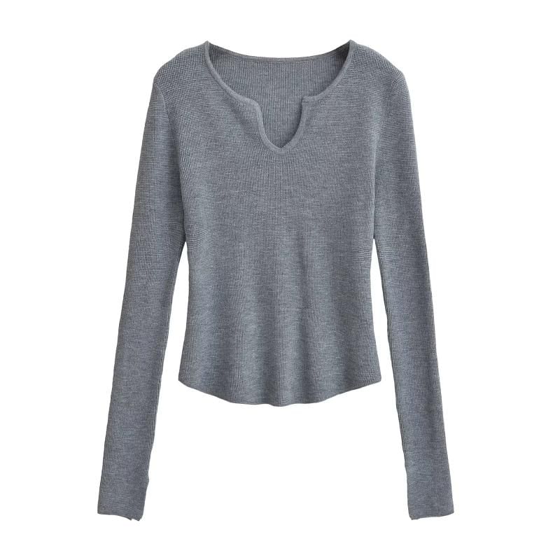 Notched Neck Knit Top with Long Sleeves