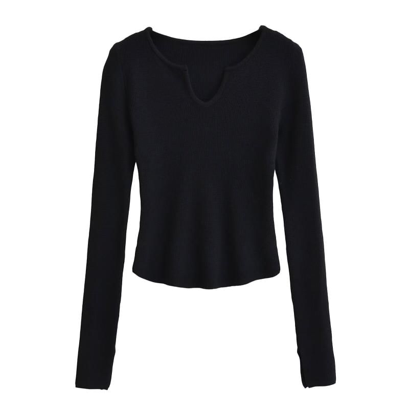 Notched Neck Knit Top with Long Sleeves