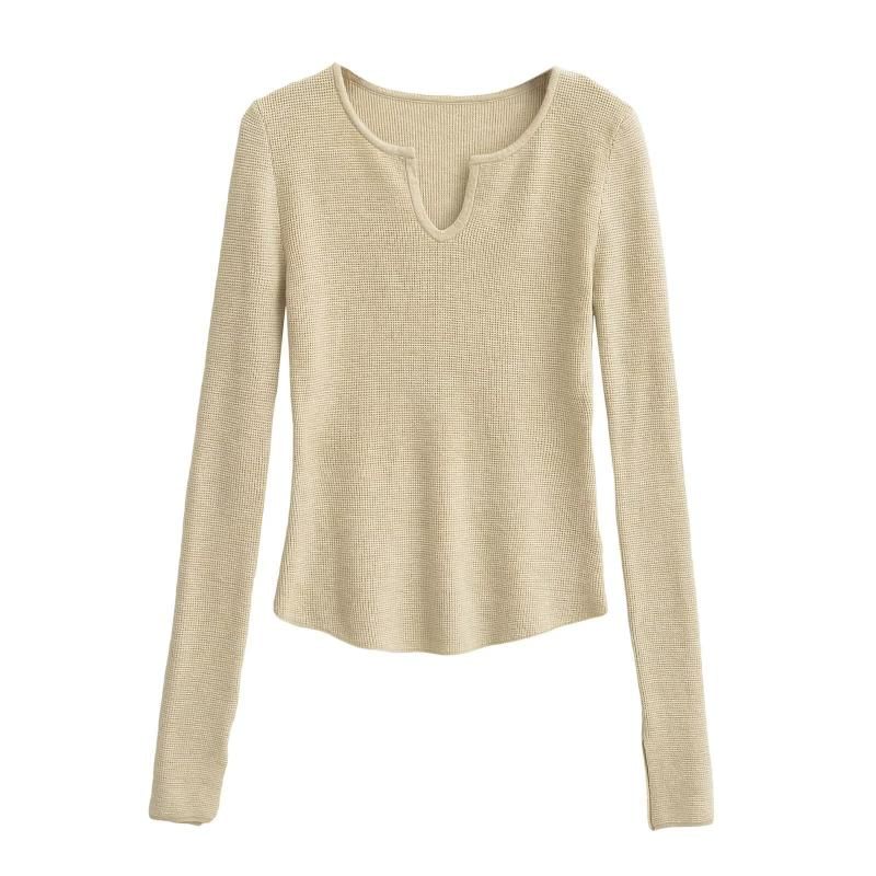 Notched Neck Knit Top with Long Sleeves