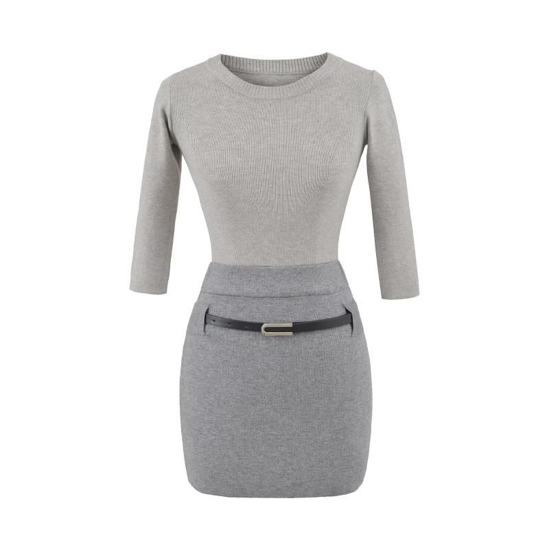 Three-Quarter Sleeve Knit Top with Crew Neck and Matching Mini Skirt