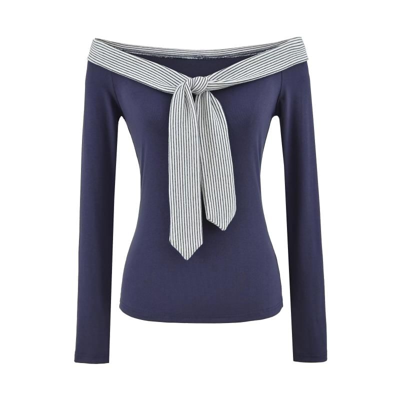Off-Shoulder Striped Top with Long Sleeves