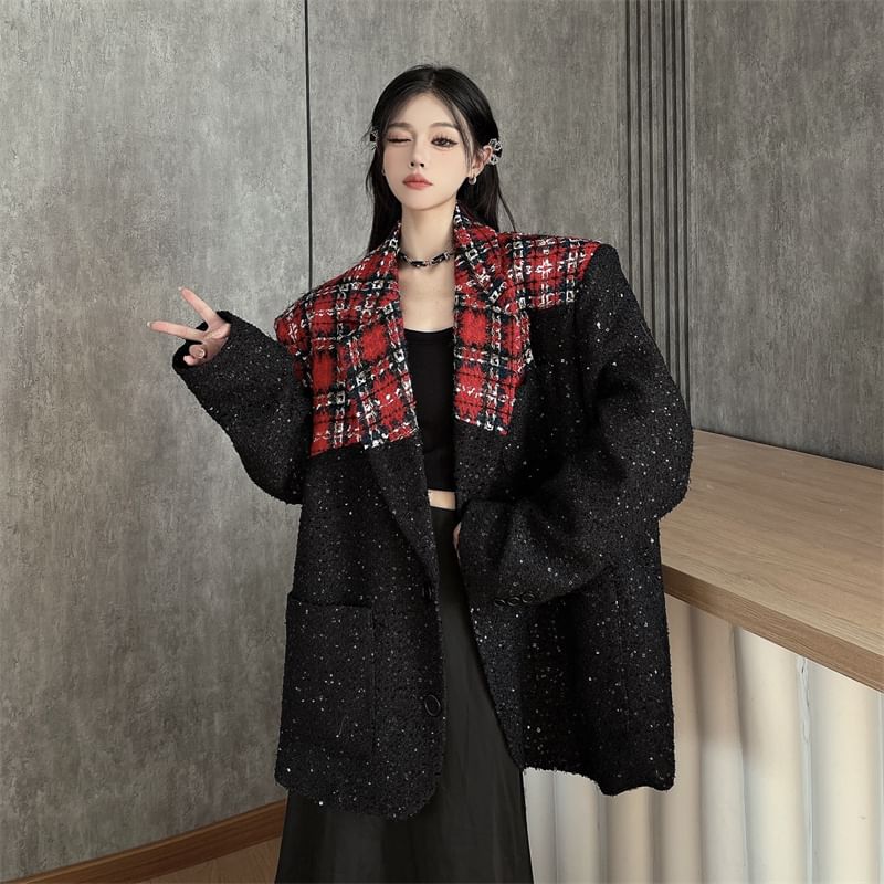 Notch Lapel Plaid Glitter Panel Tweed Single Breasted Blazer