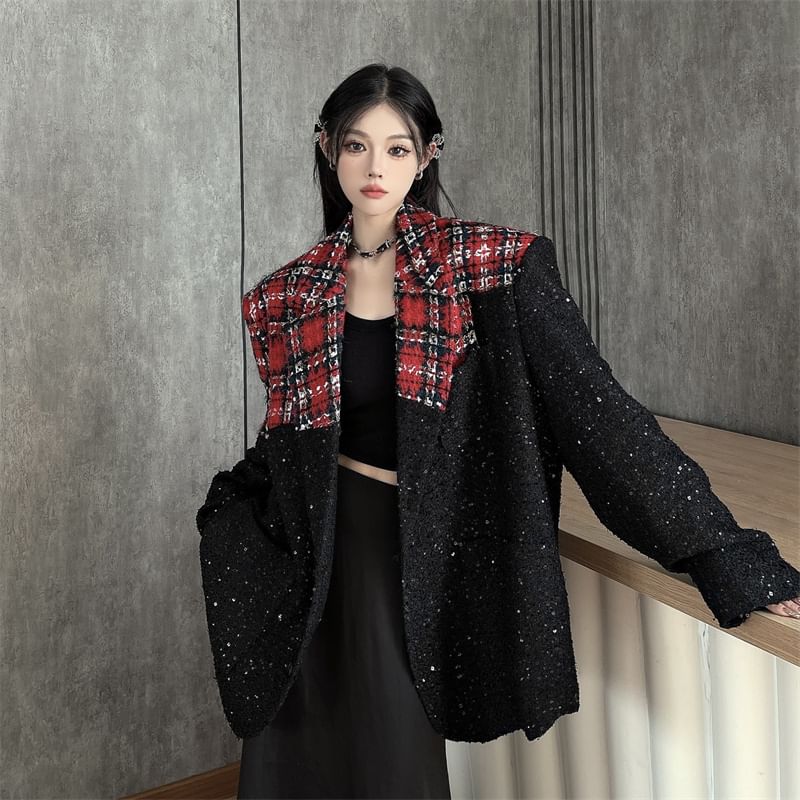 Notch Lapel Plaid Glitter Panel Tweed Single Breasted Blazer