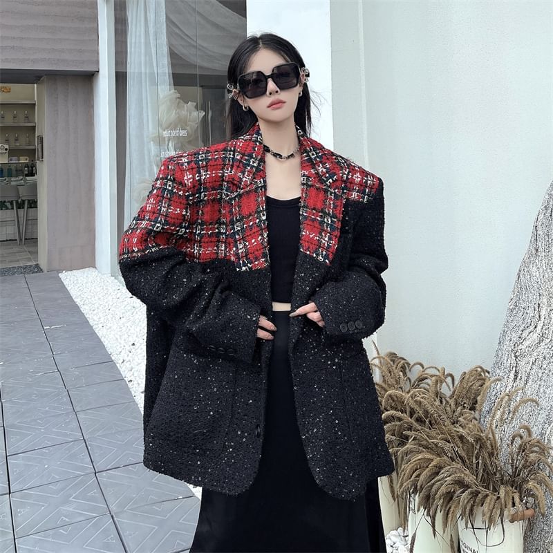 Notch Lapel Plaid Glitter Panel Tweed Single Breasted Blazer