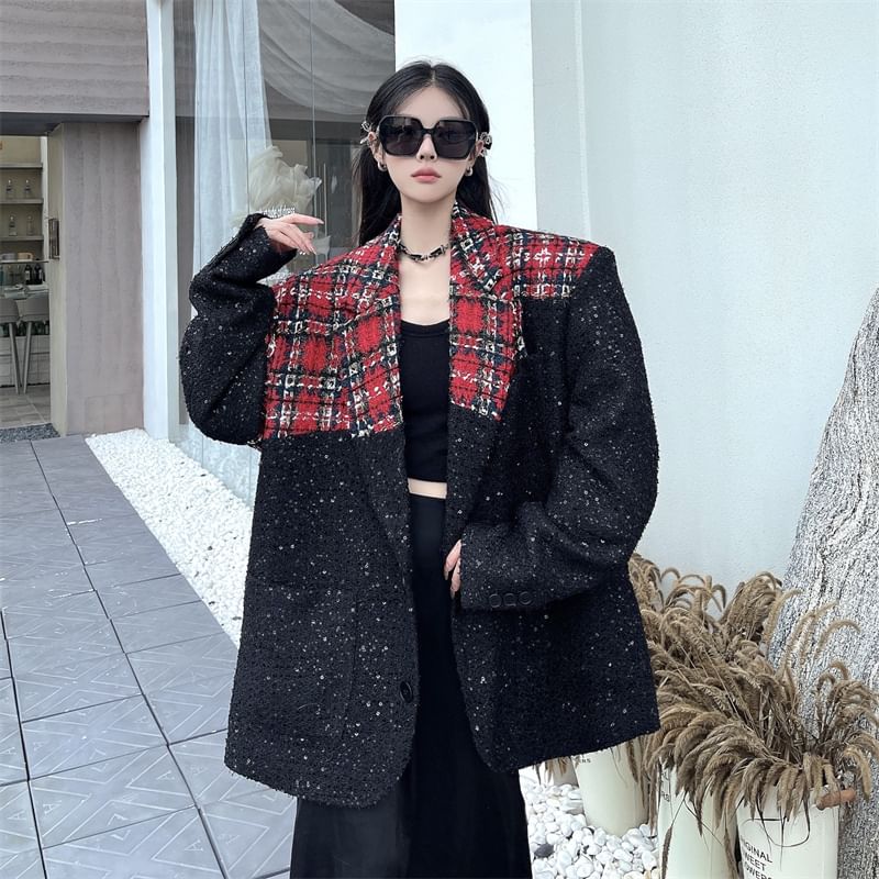 Notch Lapel Plaid Glitter Panel Tweed Single Breasted Blazer