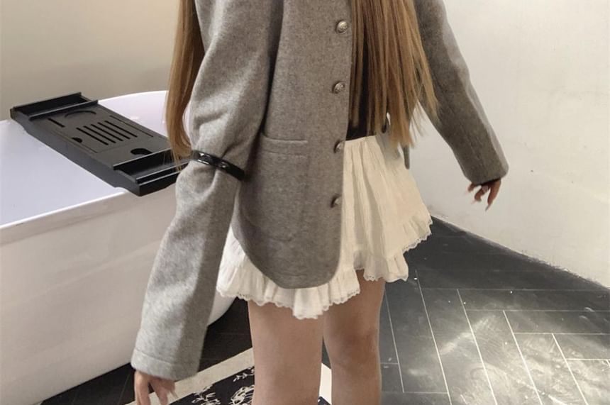 Round Neck Plain Button Up Wool Jacket