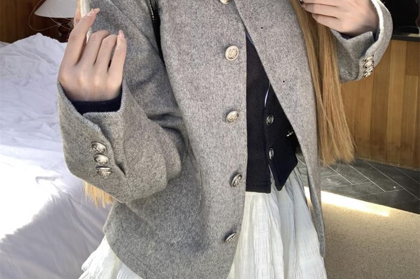 Round Neck Plain Button Up Wool Jacket