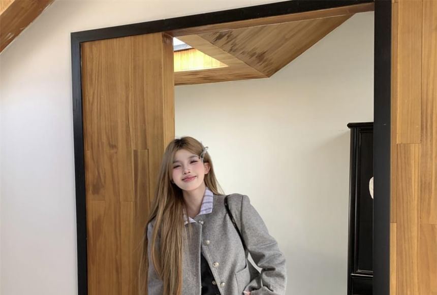 Round Neck Plain Button Up Wool Jacket