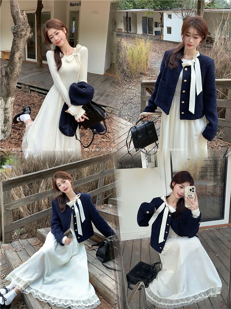 Long-Sleeve Tie-Neck Plain Lace Trim Midi A-Line Dress / Tweed Button-Up Jacket