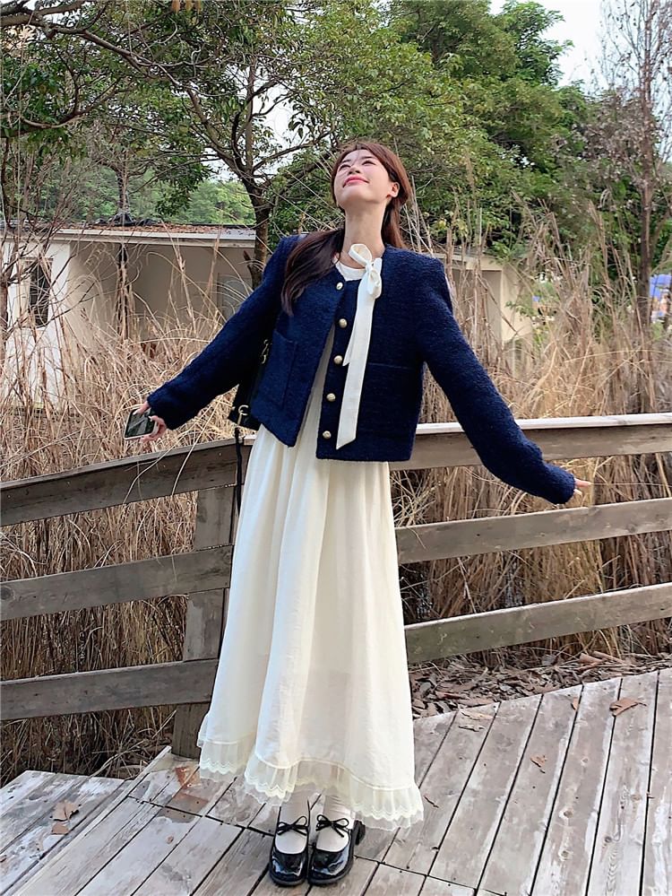 Long-Sleeve Tie-Neck Plain Lace Trim Midi A-Line Dress / Tweed Button-Up Jacket