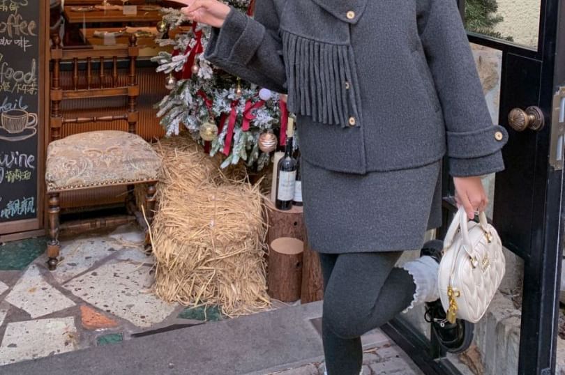 Plain Button Up Wool Jacket / High Waist Plain Mini A-Line Skirt