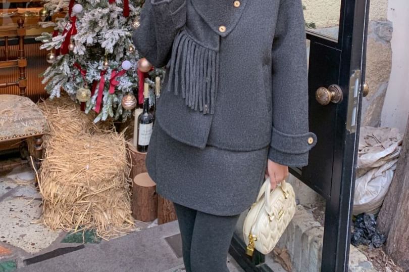 Plain Button Up Wool Jacket / High Waist Plain Mini A-Line Skirt