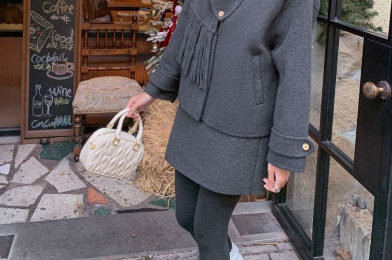 Plain Button Up Wool Jacket / High Waist Plain Mini A-Line Skirt