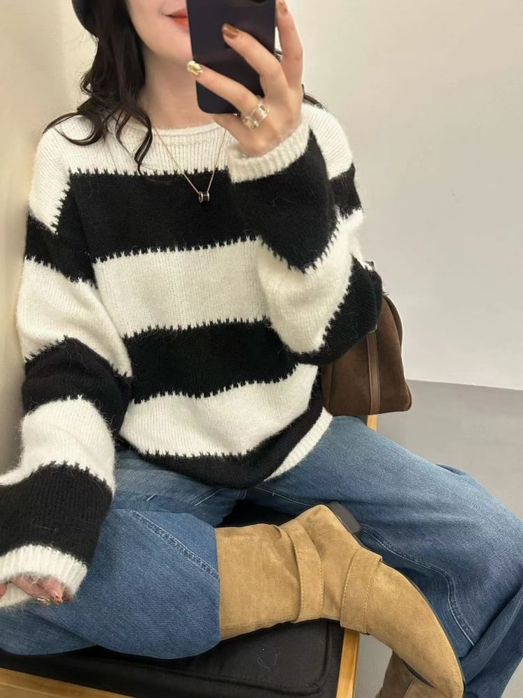 Striped Round Neck Knit Sweater