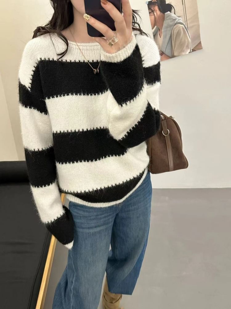 Striped Round Neck Knit Sweater