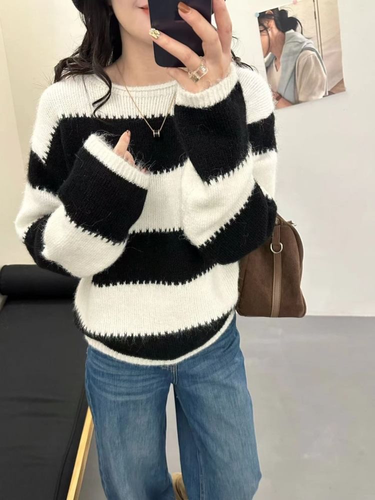 Striped Round Neck Knit Sweater