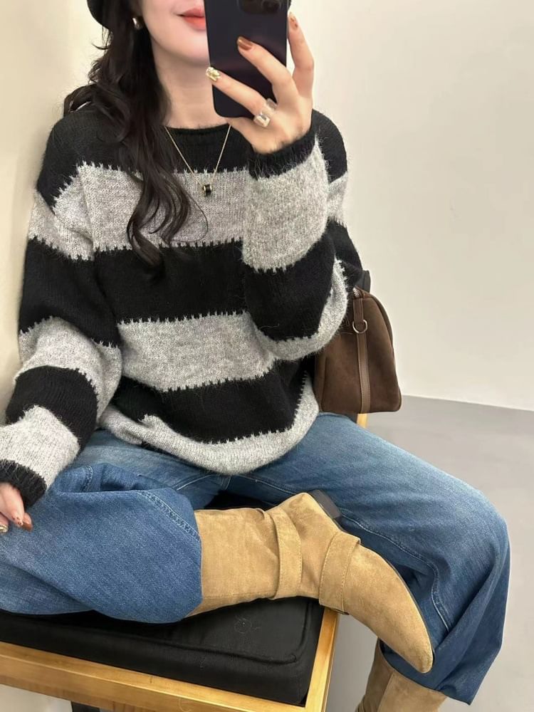 Striped Round Neck Knit Sweater