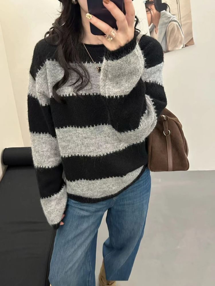 Striped Round Neck Knit Sweater