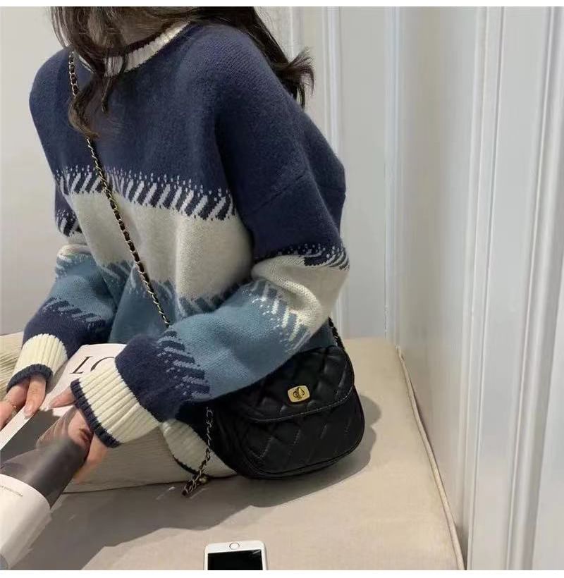 Color Block Round Neck Pullover Sweater