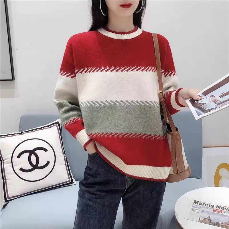 Color Block Round Neck Pullover Sweater