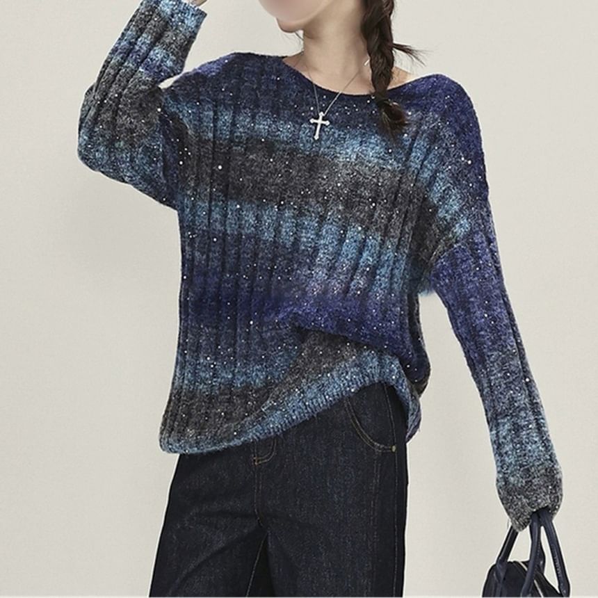 Ombre Ribbed Crewneck Sweater with Gradient Effect