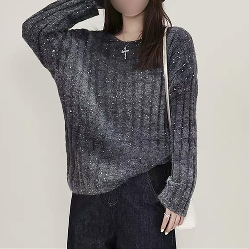 Ombre Ribbed Crewneck Sweater with Gradient Effect